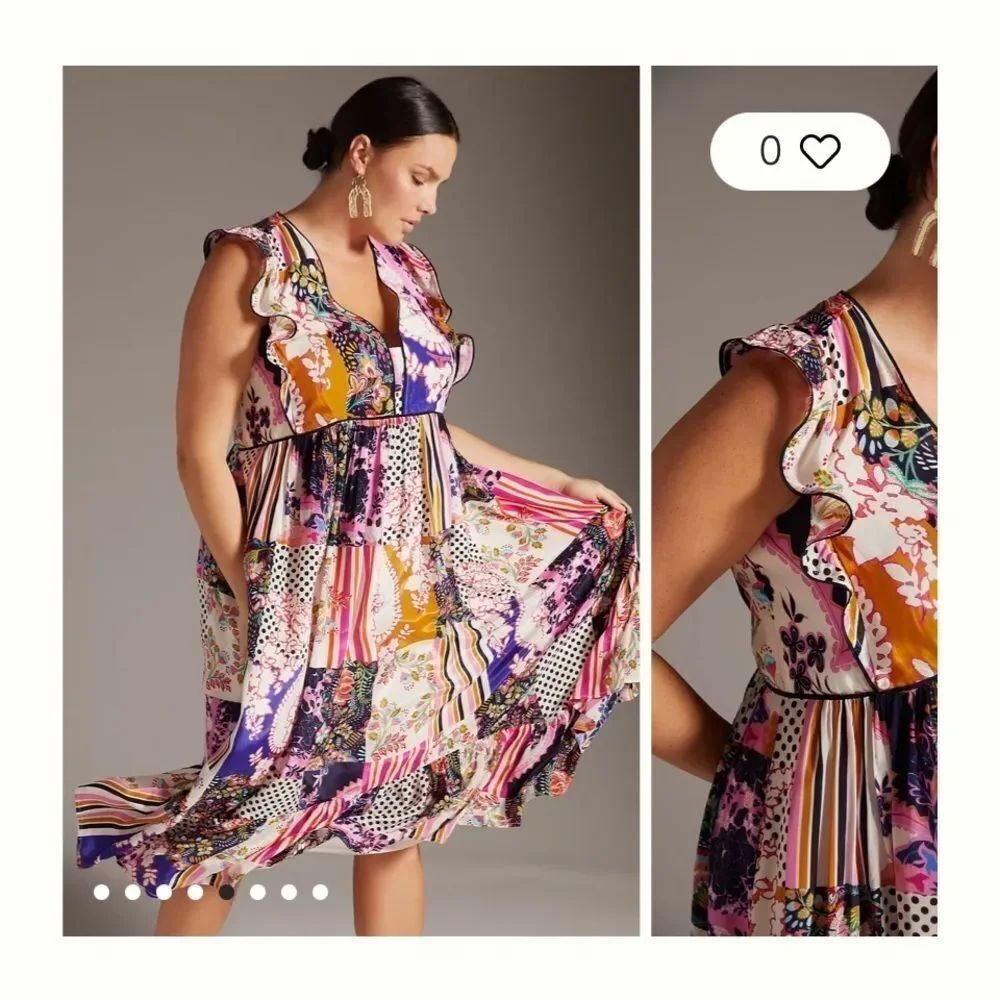 Ruffled Patchwork Midi Dress size 14